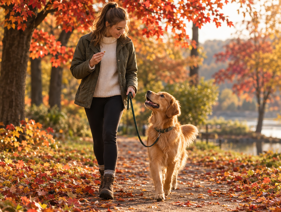 Femme qui apprend la marche en laisse détendue à un golden retriever dans un parc en automne