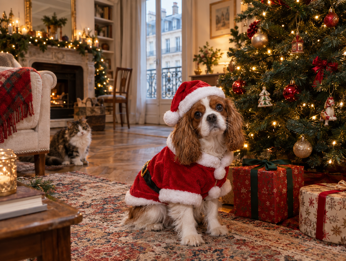 Petit chien en costume de Père Noël à côté d’un sapin décoré