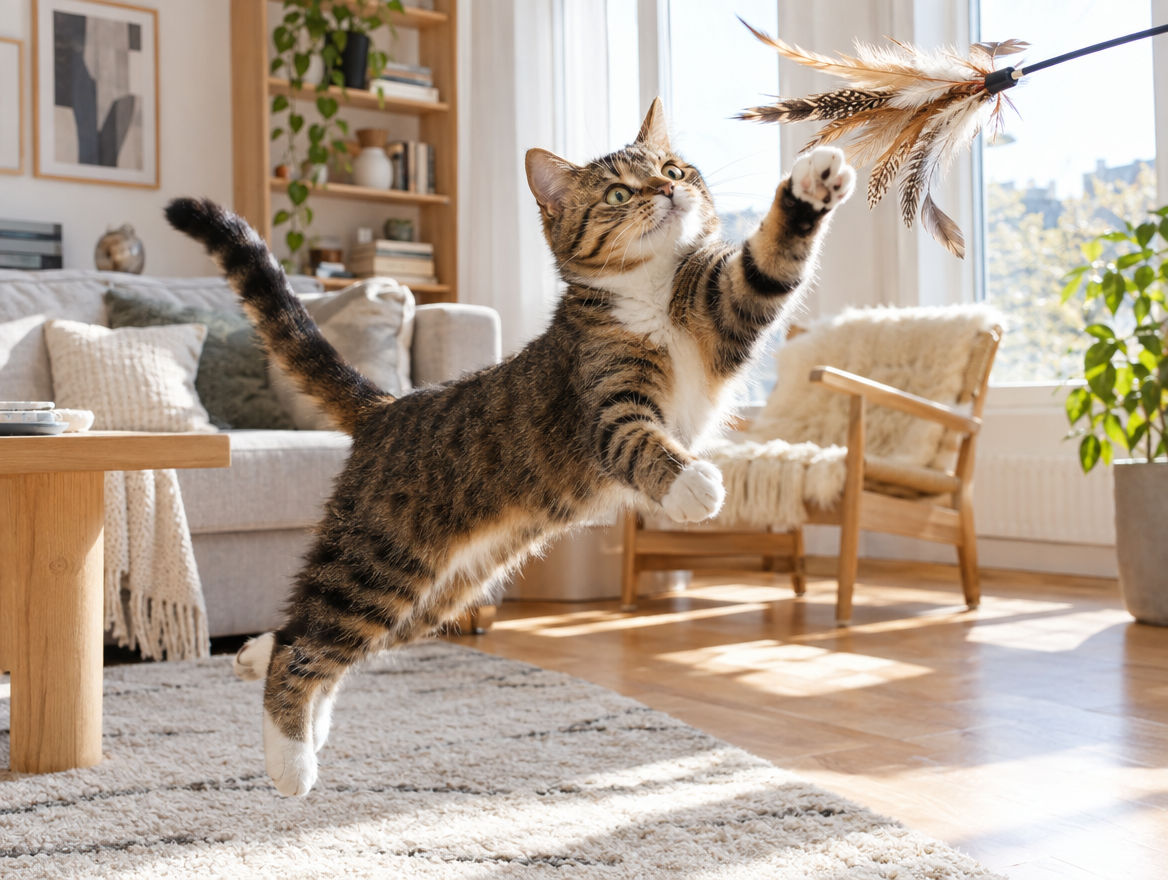 Chat tigré qui bondit pour attraper une canne à plumes dans un salon lumineux