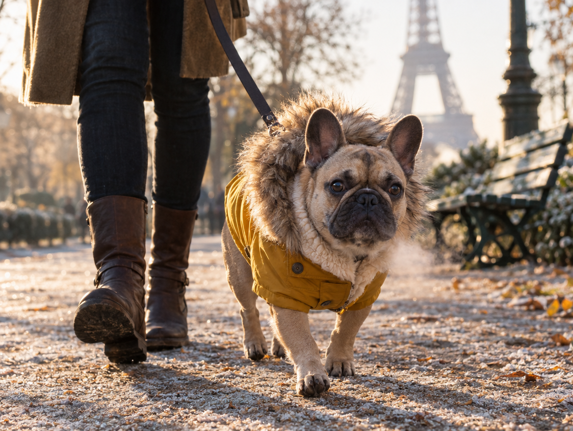 Bouledogue français en parka moutarde à capuche fourrée lors d’une promenade d’hiver