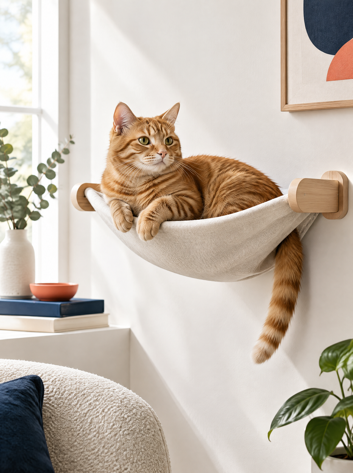 Chat roux dans un hamac mural