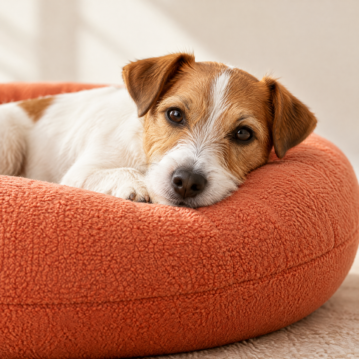 Jack Russell sur un coussin corail