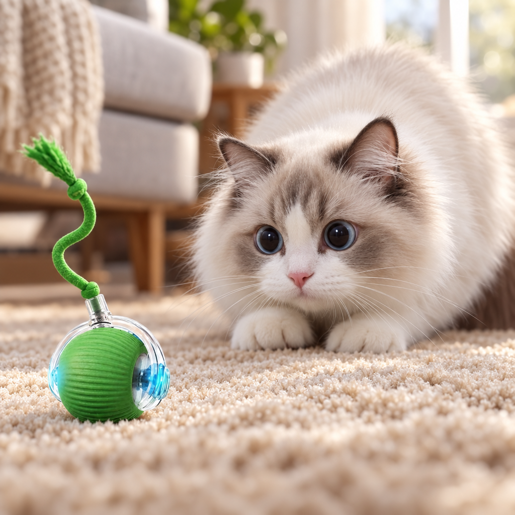Chat en position de chasse devant la balle qui roule toute seule
