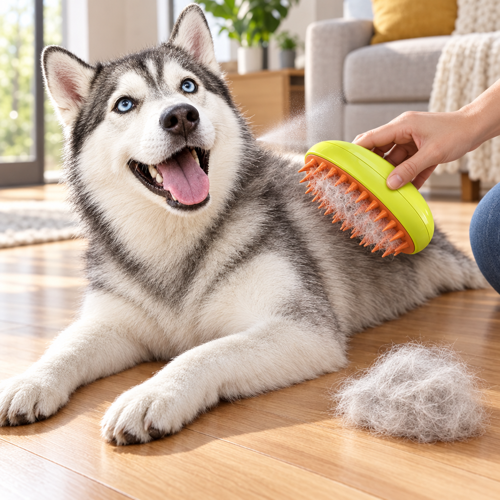 Husky brossé avec la brosse vapeur, poils morts récupérés