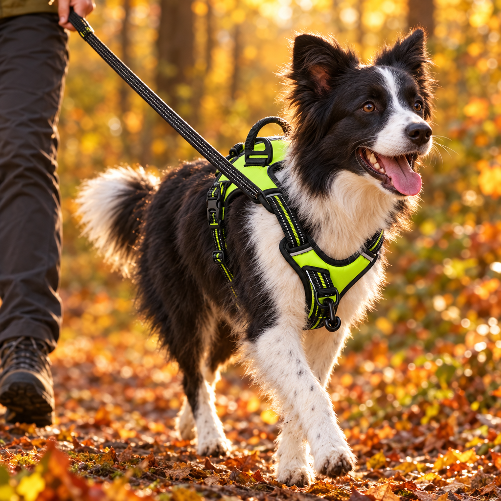 Border collie en balade en forêt avec le harnais anti-traction vert