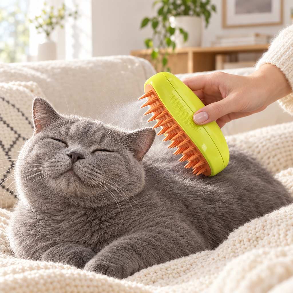 Chat détendu brossé avec la brosse vapeur sur un canapé