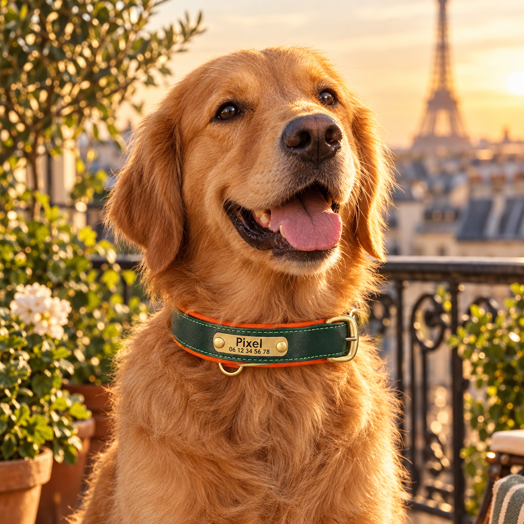 Golden retriever portant le collier en cuir vert gravé Pixel sur un balcon parisien