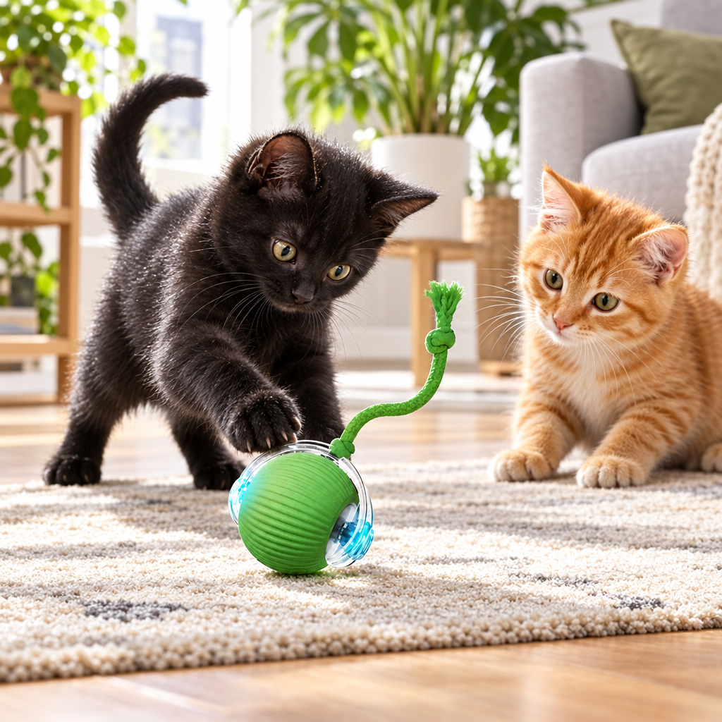 Deux chatons jouant avec la balle interactive