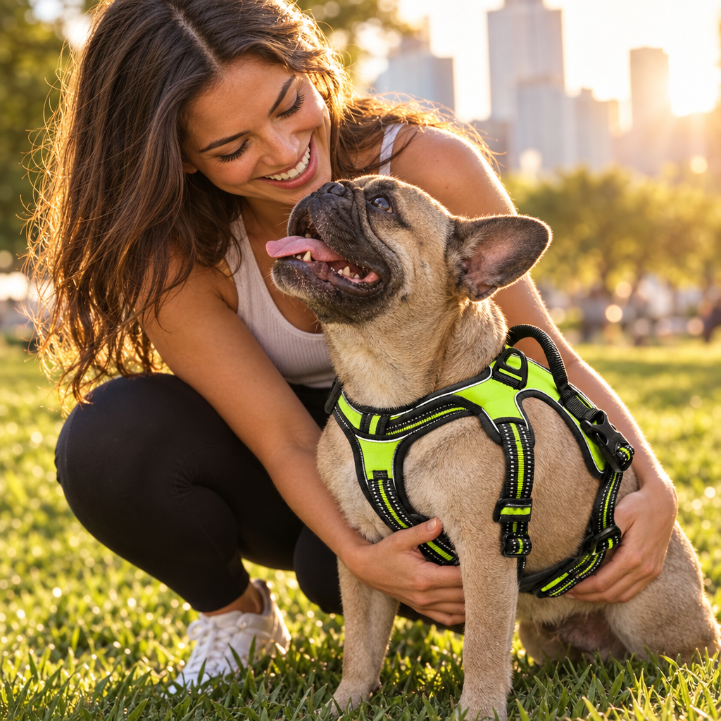 Bouledogue français avec son harnais anti-traction dans un parc