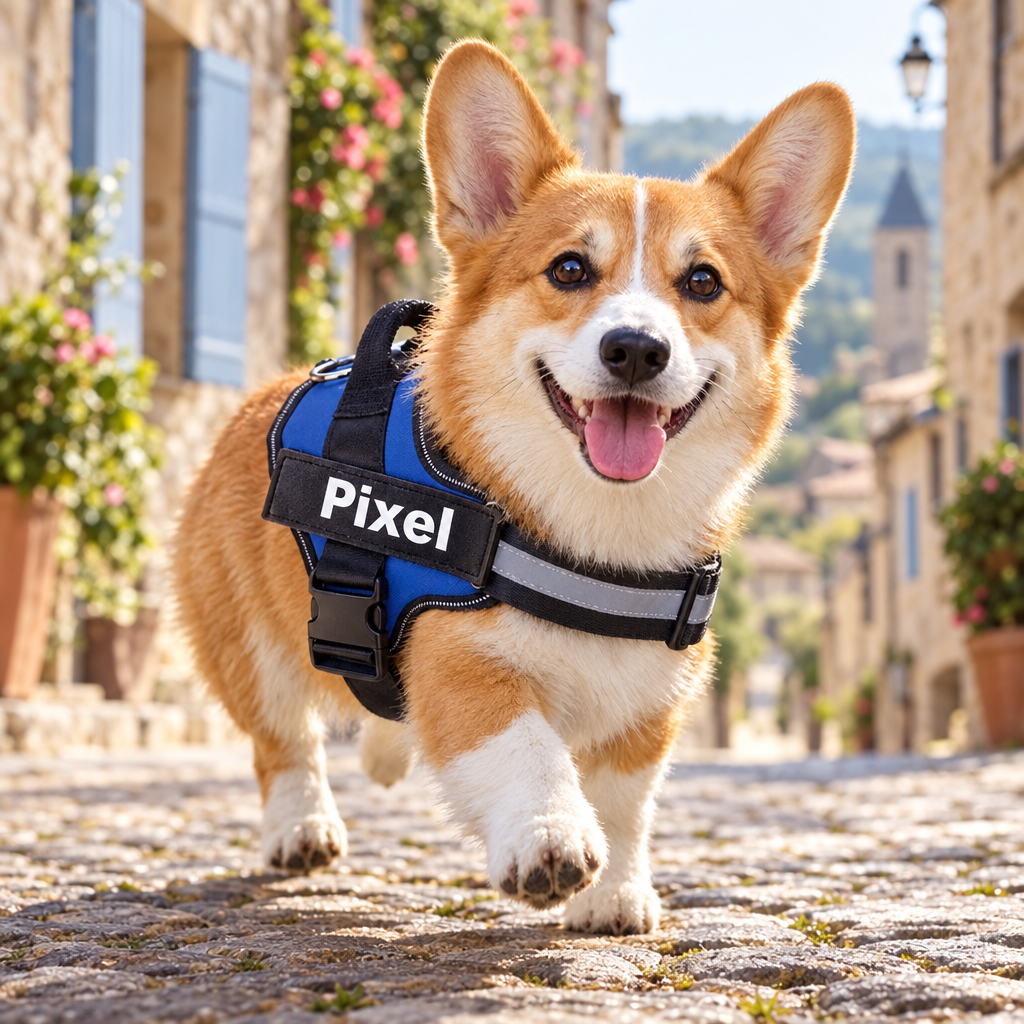 Corgi avec harnais personnalisé dans une rue de village