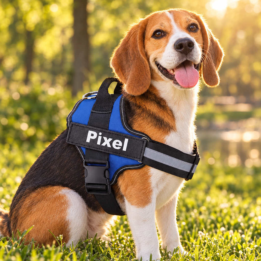 Beagle portant le harnais bleu personnalisé au nom de Pixel