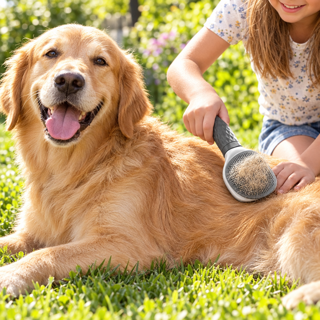 Golden retriever brossé au jardin avec la brosse autonettoyante