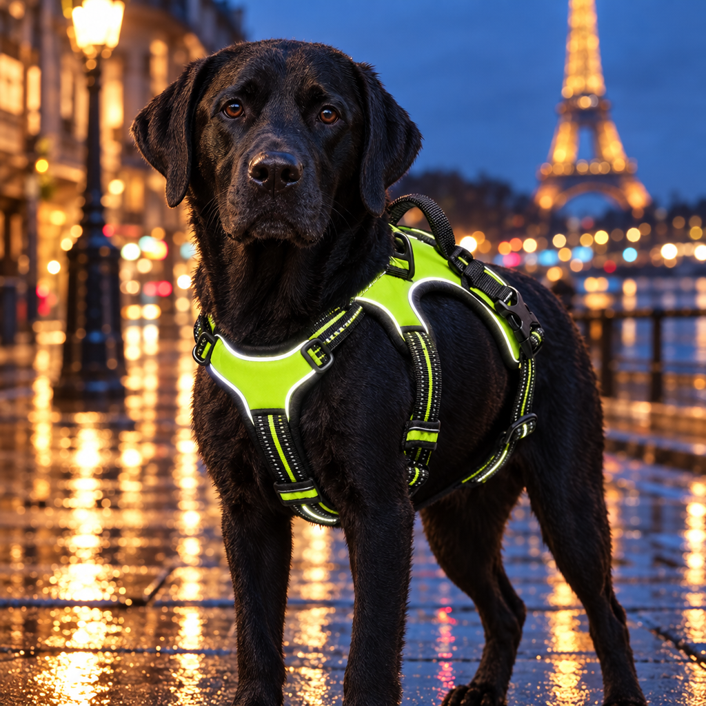Labrador de nuit à Paris, harnais aux bandes réfléchissantes