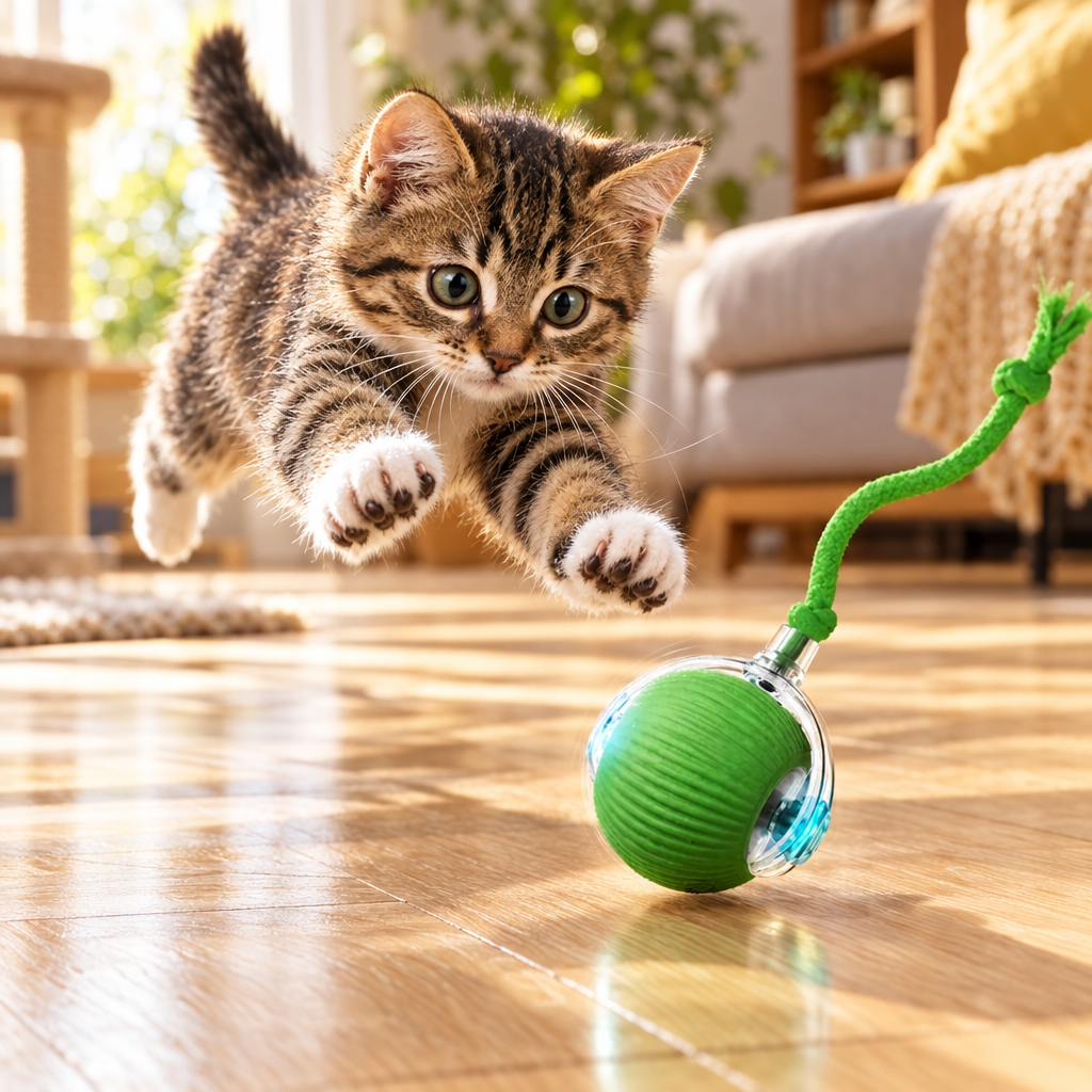 Chaton qui bondit sur la balle interactive verte