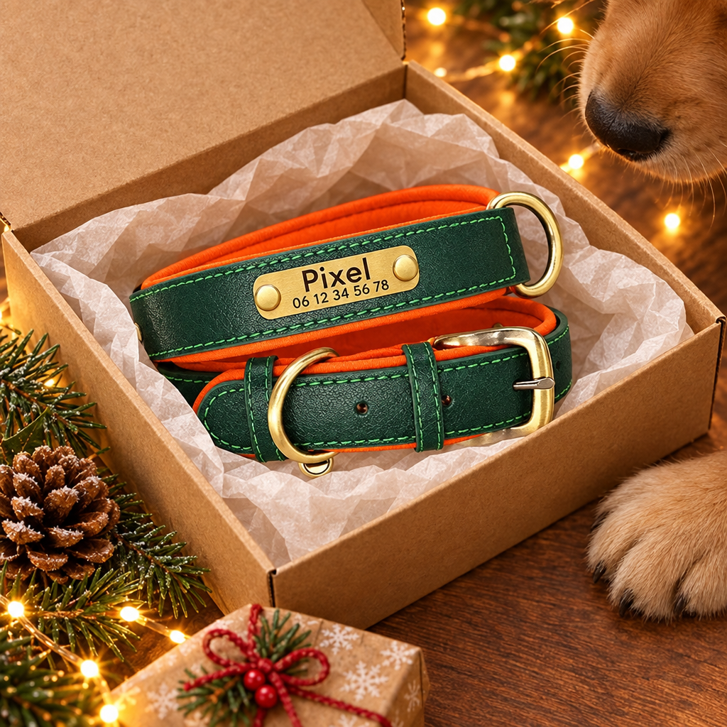 Collier gravé au nom du chien dans un coffret cadeau de Noël