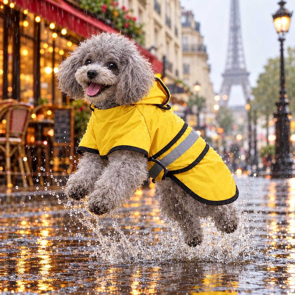 Caniche en imperméable jaune à capuche sous la pluie à Paris