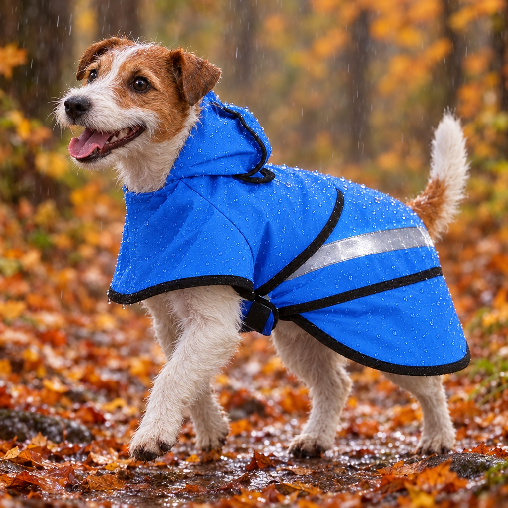 Jack Russell en imperméable bleu réfléchissant en forêt