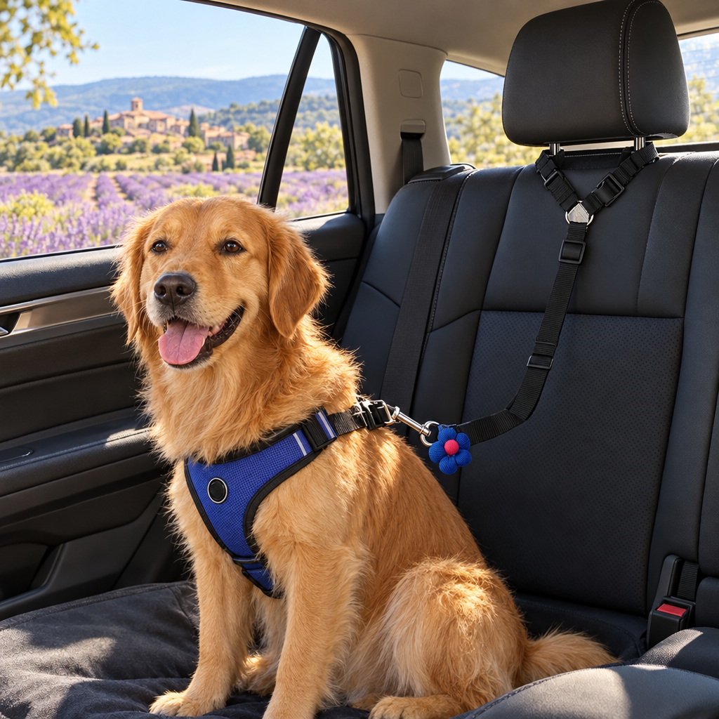 Golden retriever attaché avec la ceinture de sécurité voiture