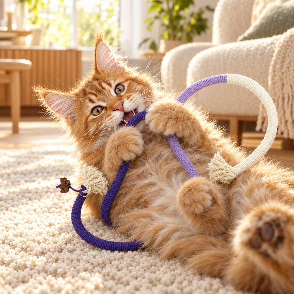 Chaton qui joue avec la corde à mâcher en coton