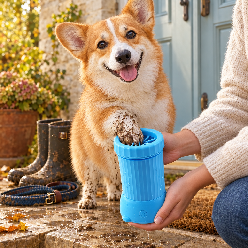 Corgi qui se fait nettoyer la patte avec le nettoie-pattes électrique