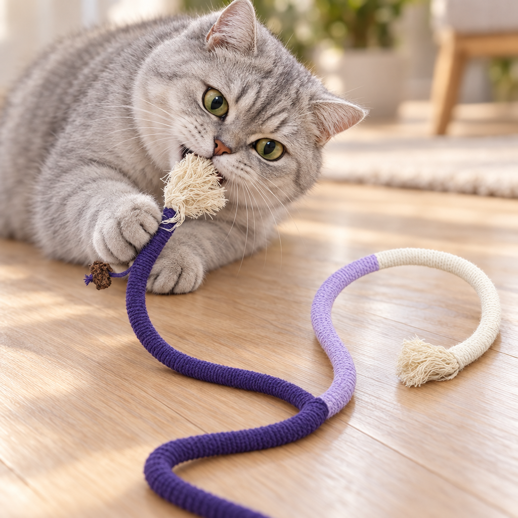 Chat qui mordille la corde à mâcher en coton