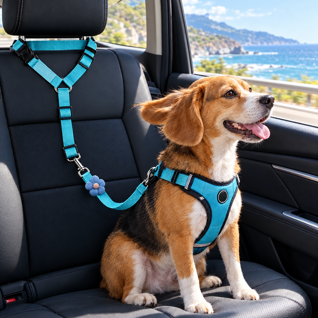 Beagle en voiture avec la ceinture de sécurité turquoise