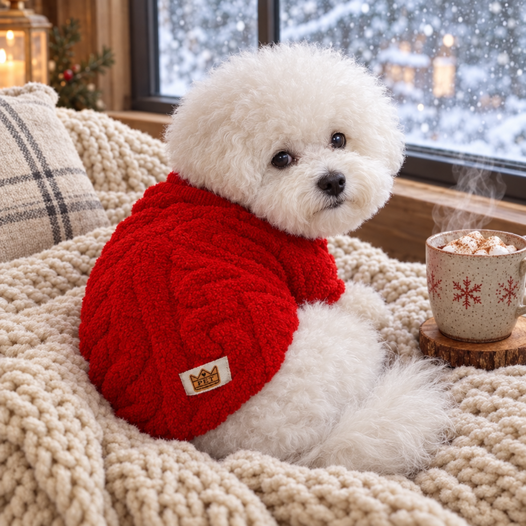 Bichon en pull polaire torsadé rouge