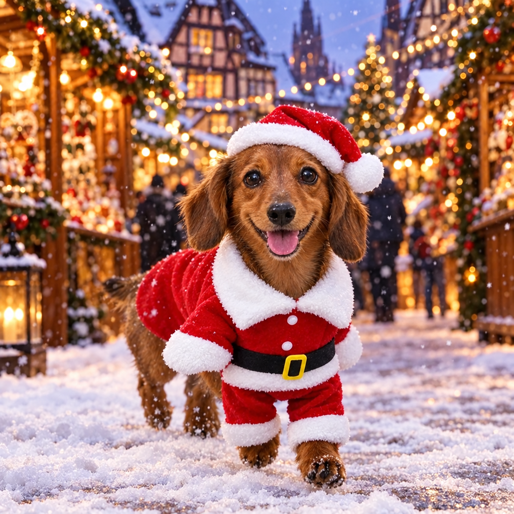 Teckel en costume de Père Noël au marché de Noël