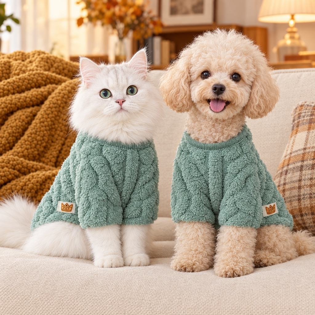 Chat et caniche en pull polaire torsadé vert d’eau