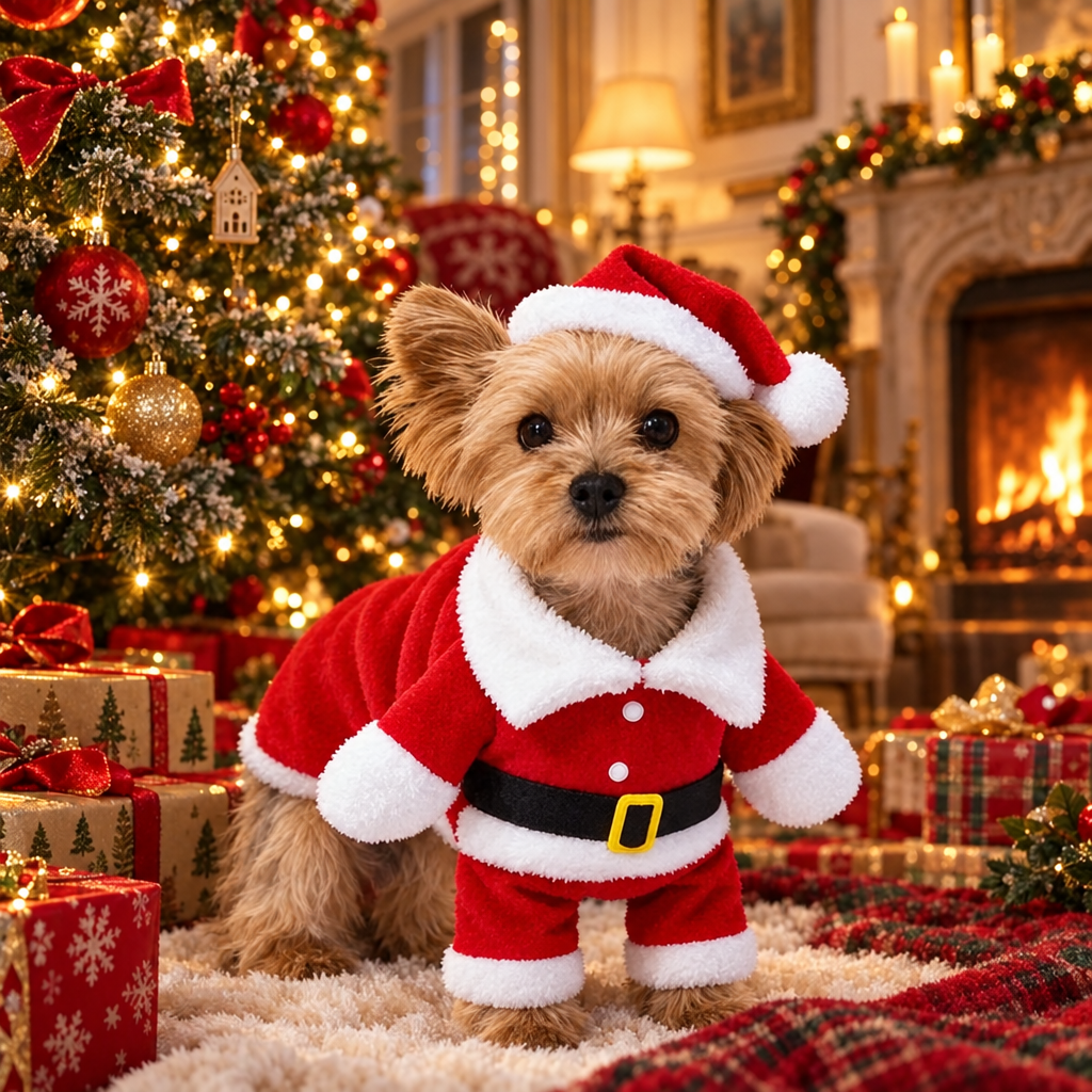 Yorkshire en déguisement de Père Noël sous le sapin
