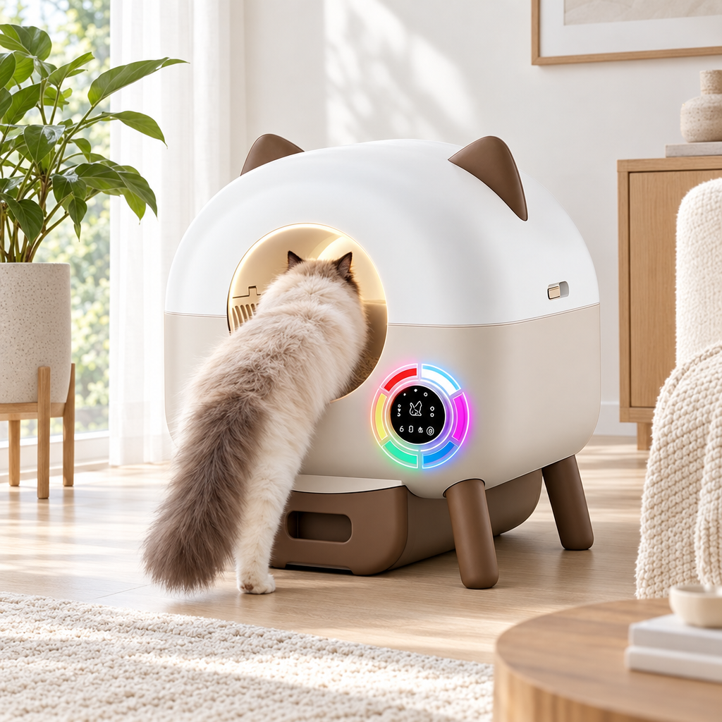 Chat ragdoll qui entre dans la litière autonettoyante