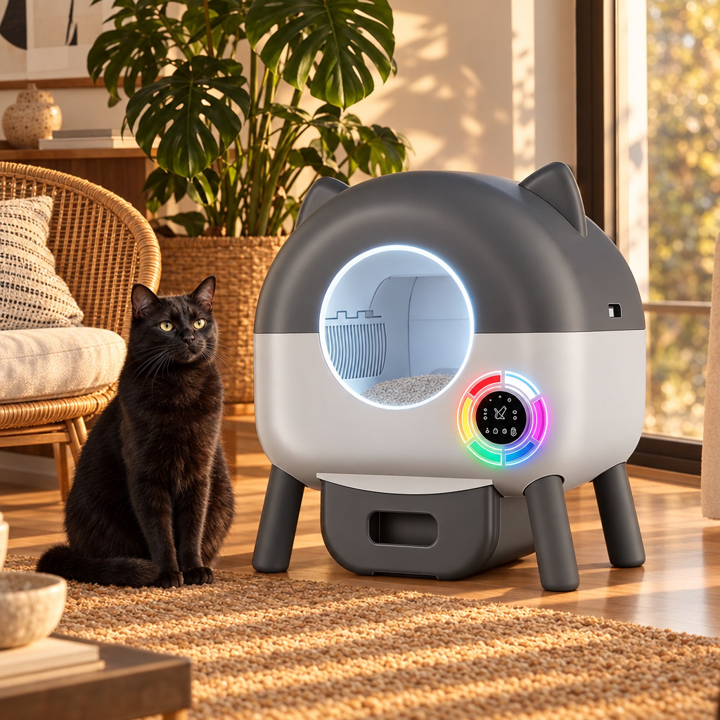 Litière autonettoyante grise dans un salon avec un chat noir