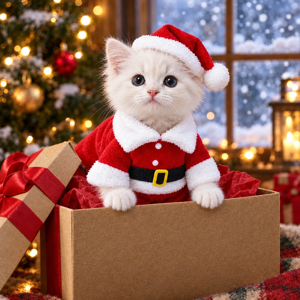 Chaton en déguisement de Père Noël dans un paquet cadeau