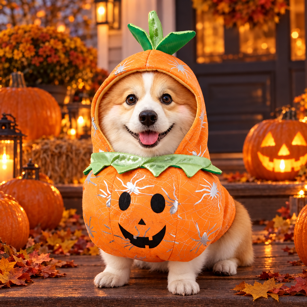 Corgi en déguisement citrouille pour Halloween