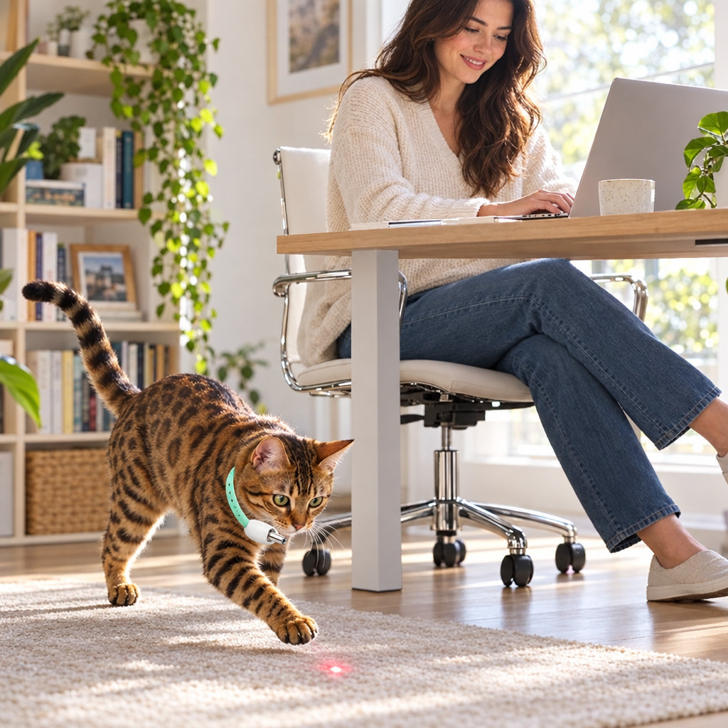 Le chat joue seul avec le collier laser pendant le télétravail