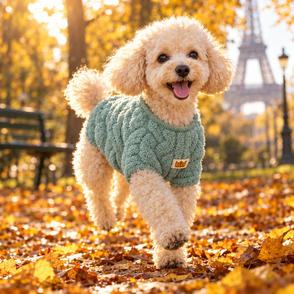 Caniche en pull torsadé en balade d’automne