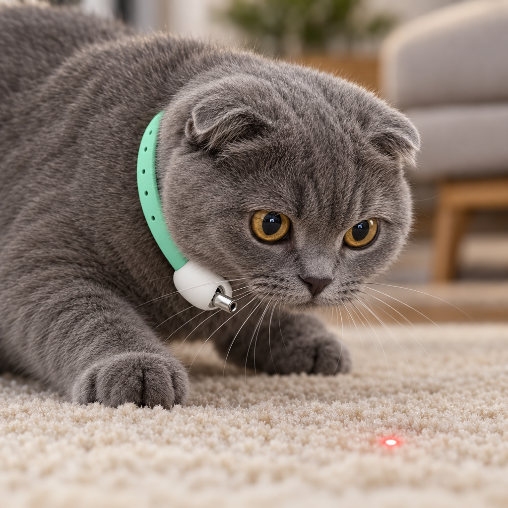 Chat concentré devant le point laser du collier