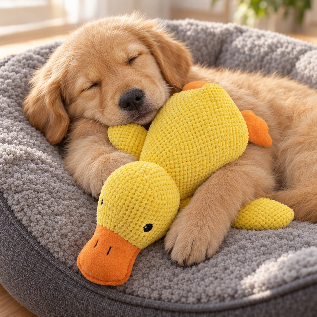 Chiot endormi contre la peluche canard apaisante
