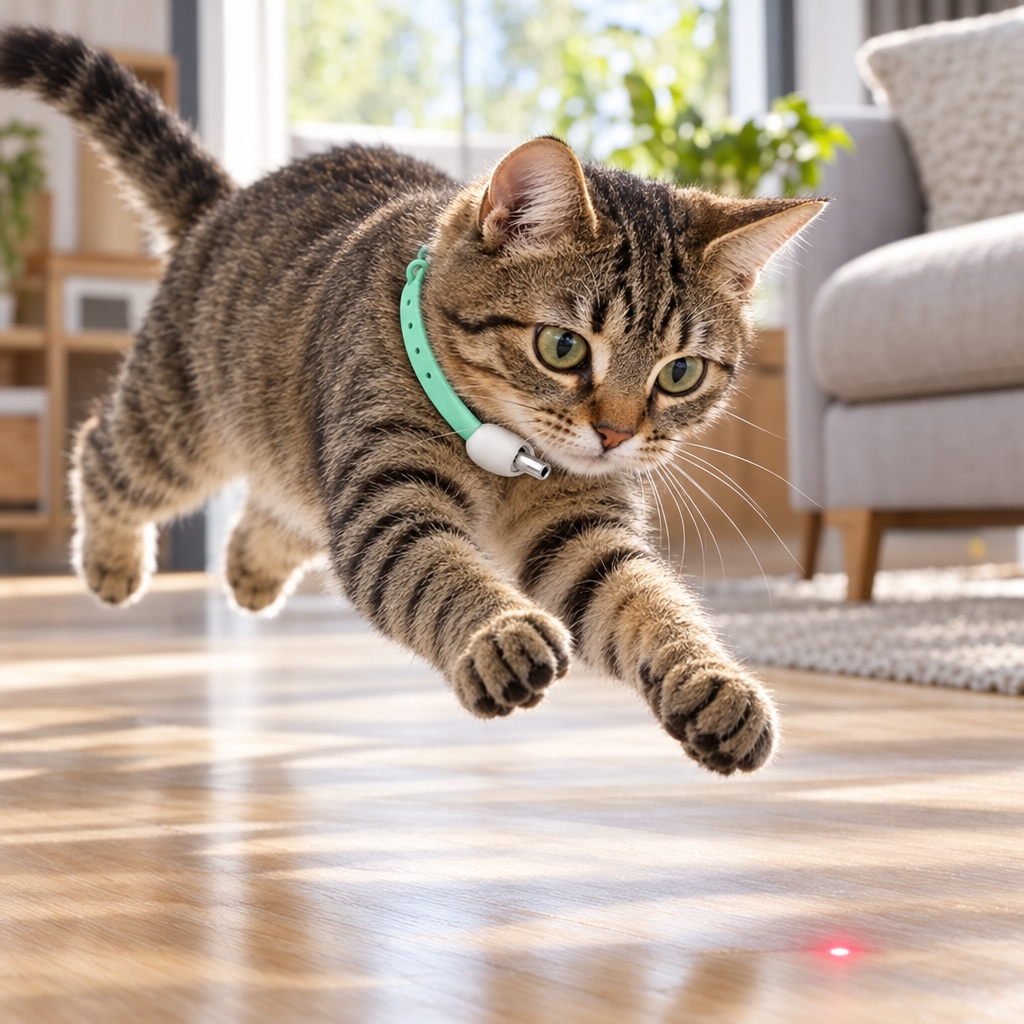 Chat qui bondit sur le point laser de son collier