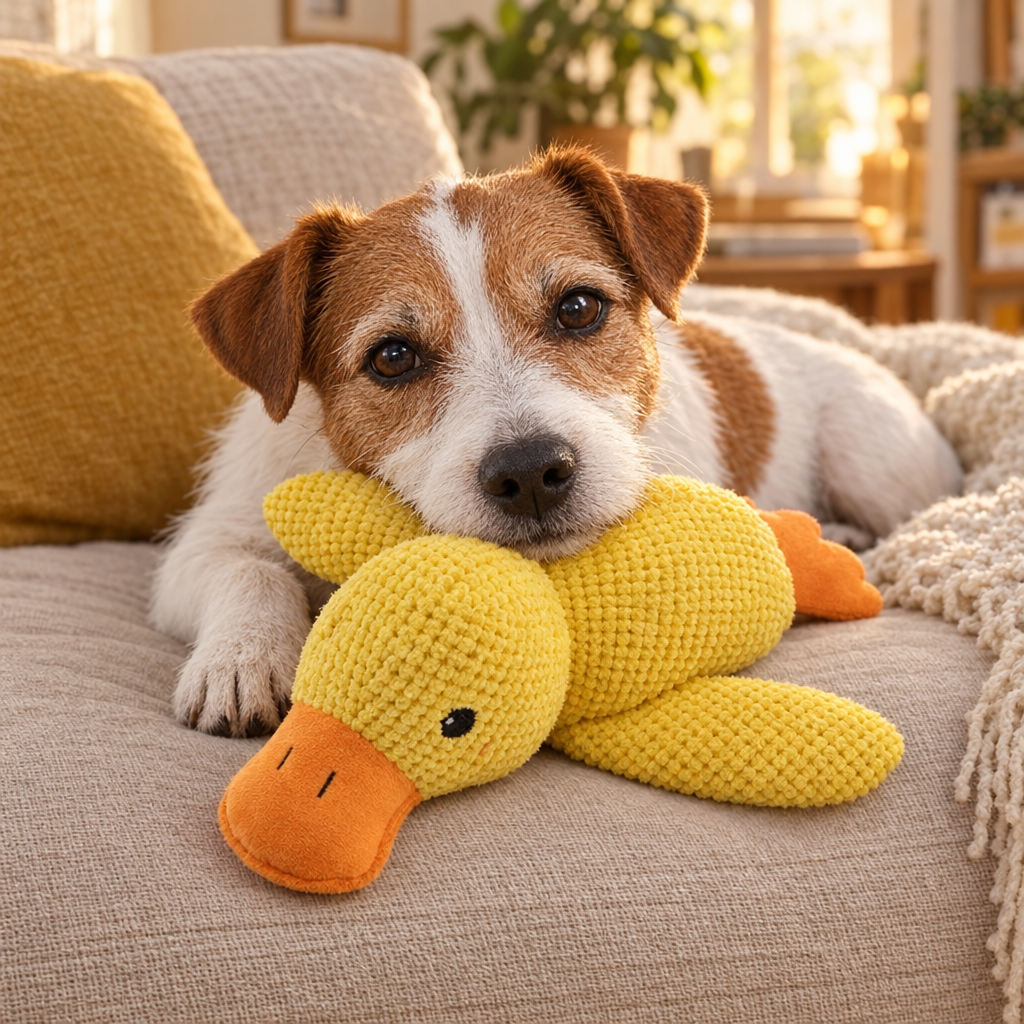 Jack Russell qui se repose sur la peluche canard