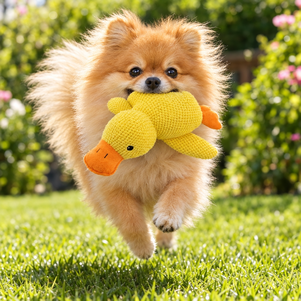 Pomeranian qui court avec la peluche canard