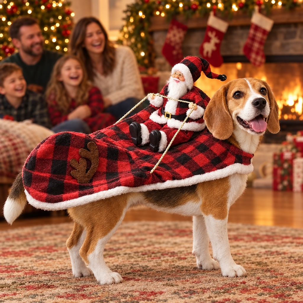 Beagle en cape de Noël avec Père Noël à dos