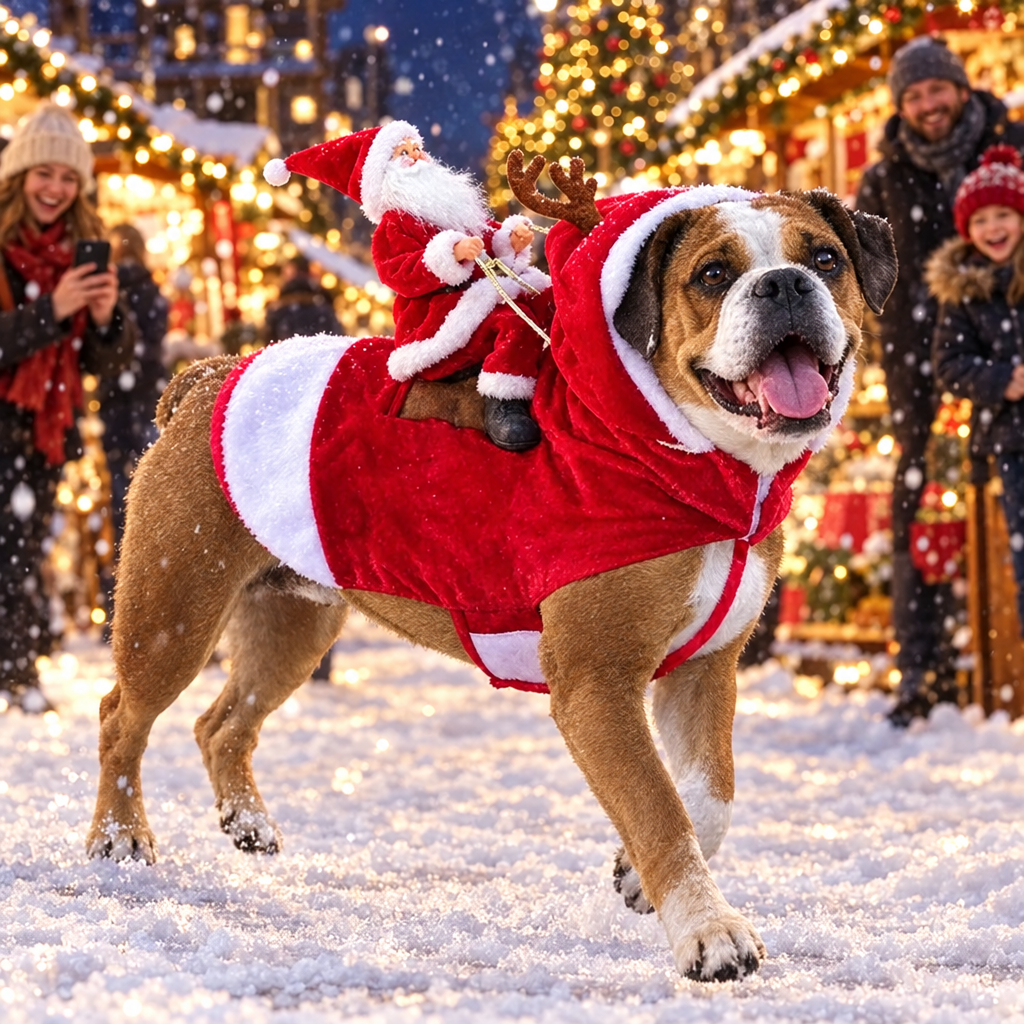 Labrador avec le Père Noël sur le dos au marché de Noël