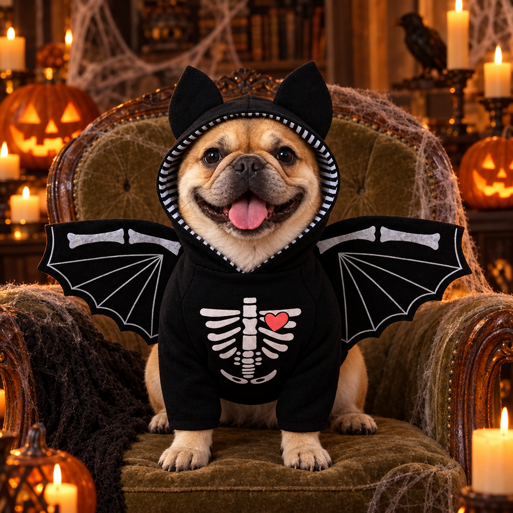 Bouledogue français en déguisement chauve-souris
