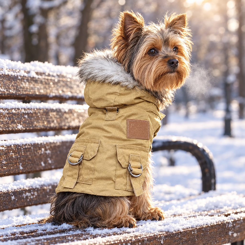 Yorkshire en parka beige à capuche fourrée
