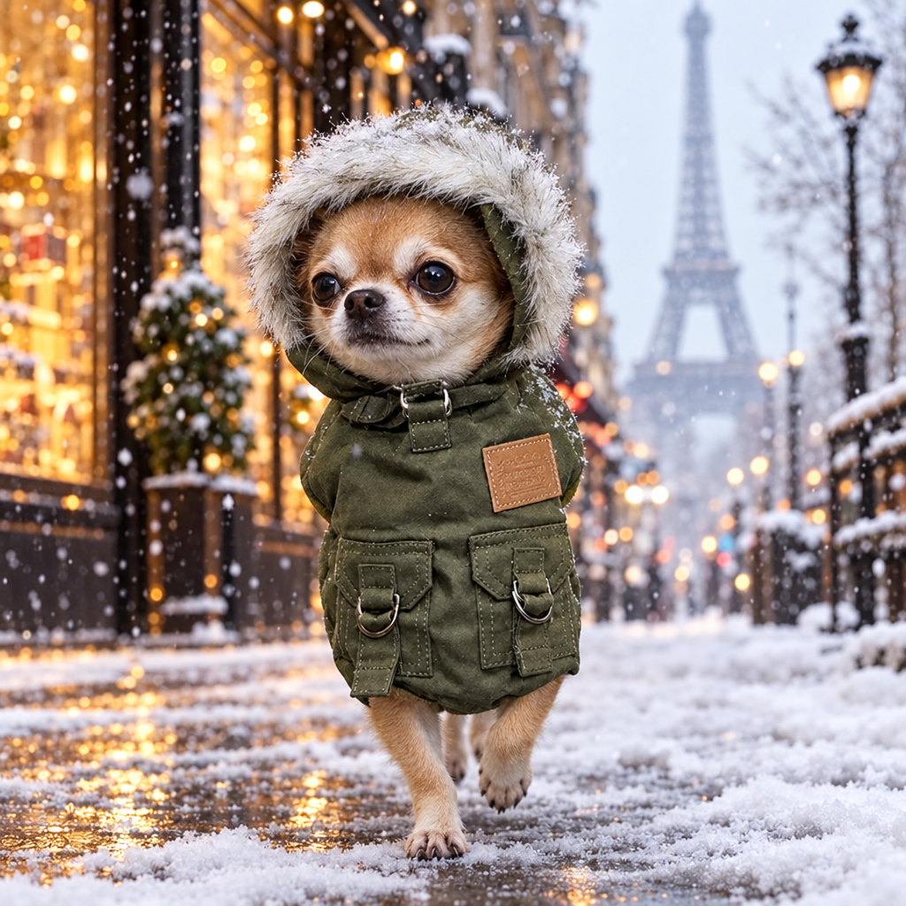 Chihuahua en parka kaki à capuche fourrée dans la neige