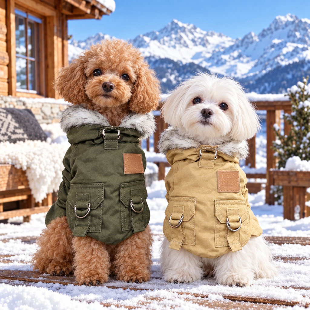 Deux petits chiens en parkas kaki et beige à la montagne