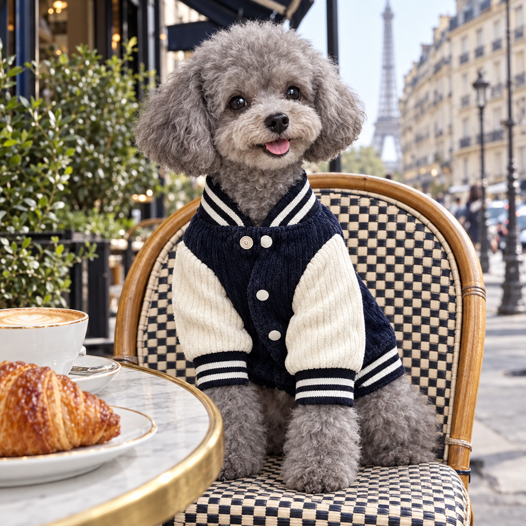 Caniche en blouson baseball en terrasse à Paris