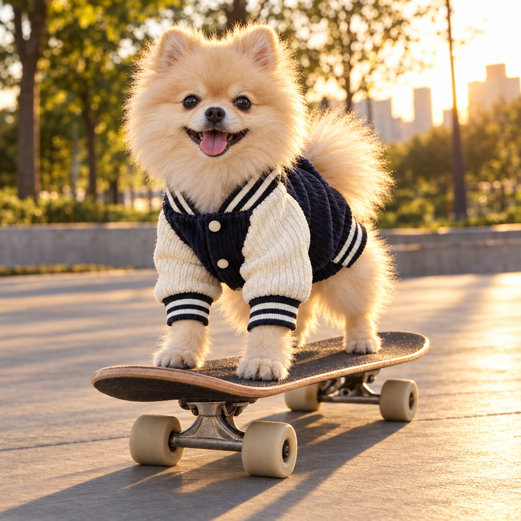 Pomeranian en blouson baseball sur un skateboard