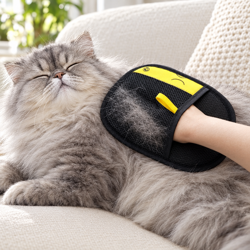 Gant anti-poils sur un chat persan